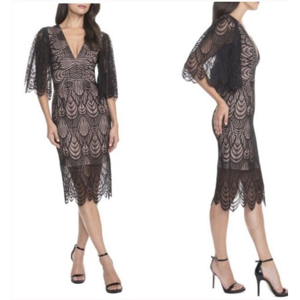 Dress The Population Mia Angel Flutter Sleeve Lace Dress V-Back Black Small NWOT